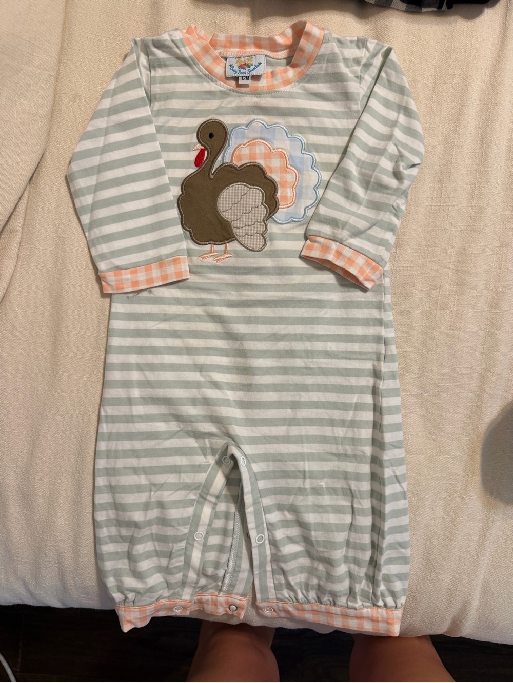 Baby boy One-Piece with smocked Turkey Applique - White & Light Green Stripes